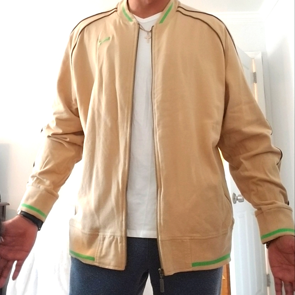 Rare Mens Puma khaki and neon green trim zipper sweatshirt. Retro, hard to find.